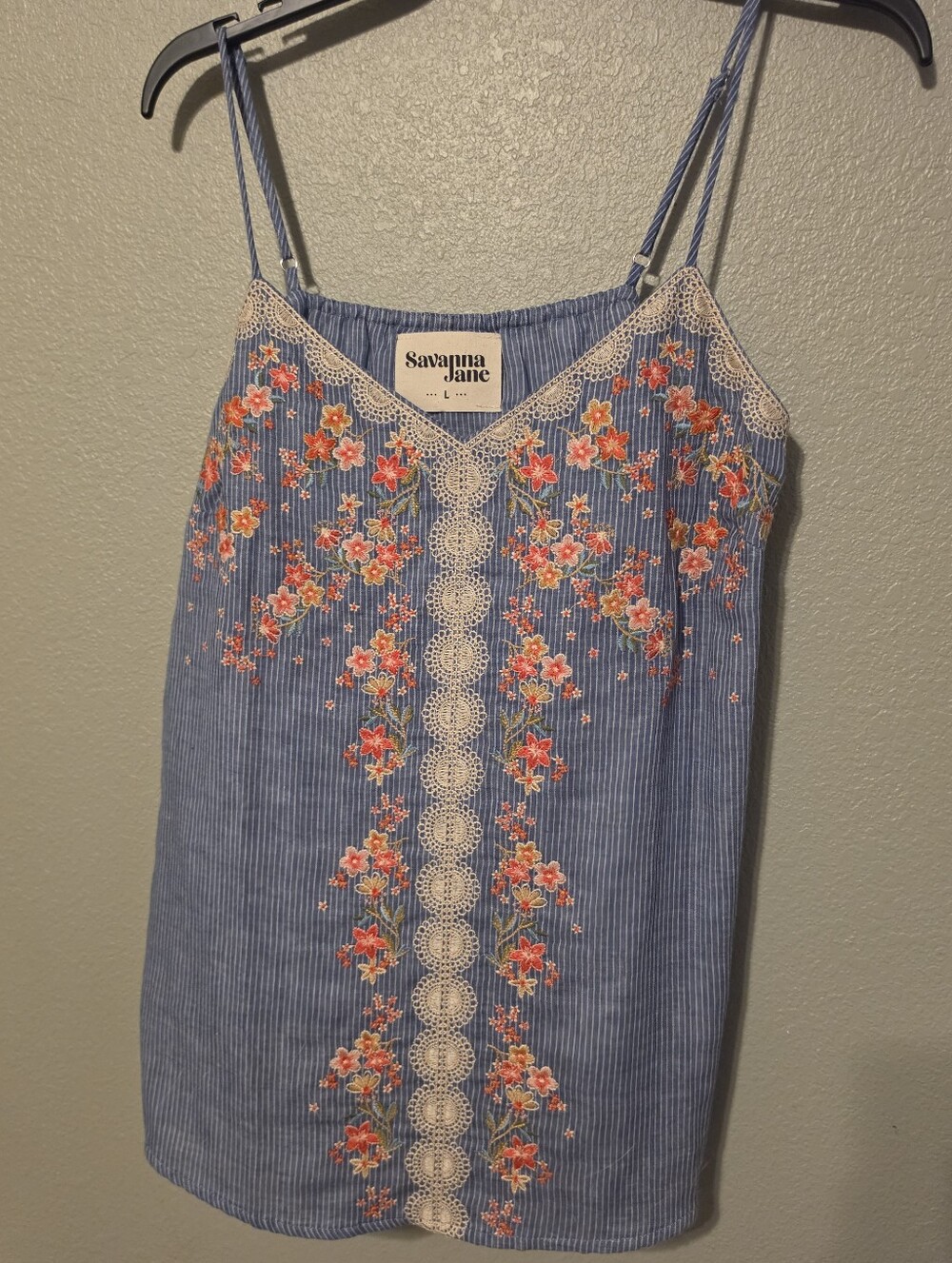 Savanna Jane Blue Striped Cami with Pink-Orange Floral Embroidery and Cream Lace